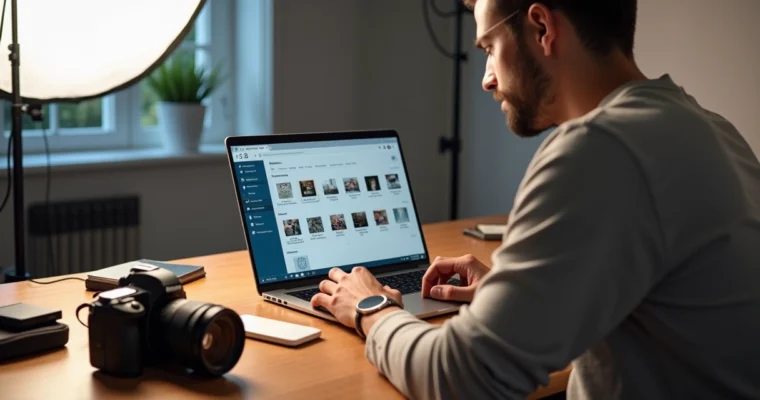 Fotógrafo freelancer organizando fotos em nuvem no notebook em estúdio moderno