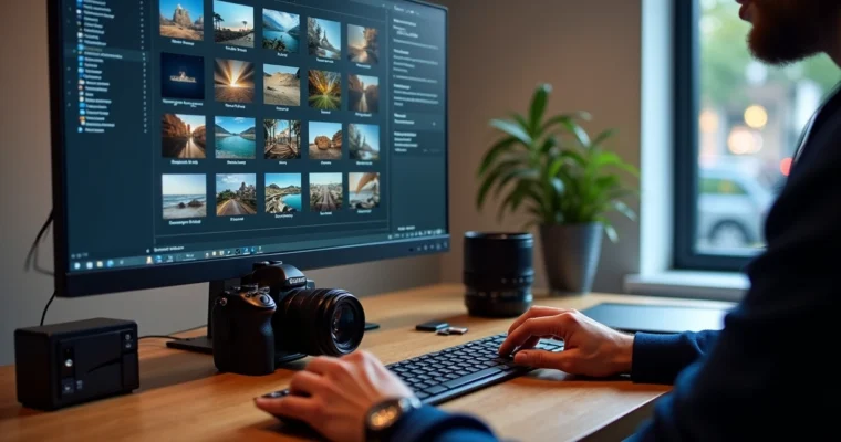 Fotógrafo organizando arquivos raw no computador com discos externos ao lado