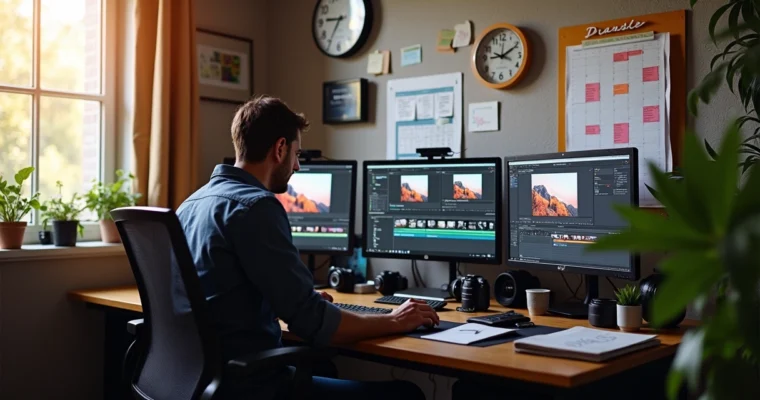 Fotógrafo organizando rotina de pós-produção com múltiplas telas e equipamentos à sua volta