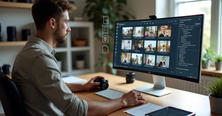 Fotógrafo em frente ao computador organizando fotos de um evento