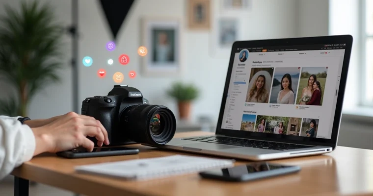 Fotógrafo editando fotos no laptop com redes sociais abertas e ícones de engajamento