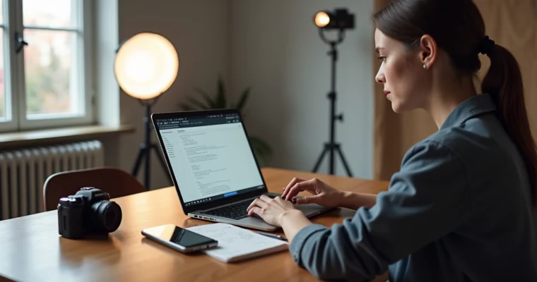 Fotógrafo respondendo orçamento de fotografia em notebook no estúdio