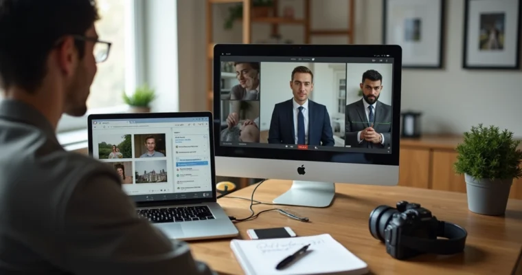 Fotógrafo em reunião online com cliente mostrando fotos na tela do laptop