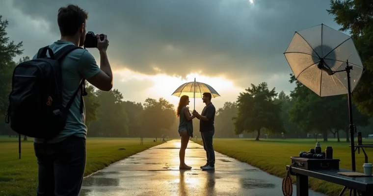 Fotógrafa orientando casal em ensaio ao ar livre com céu nublado e chuva ao fundo