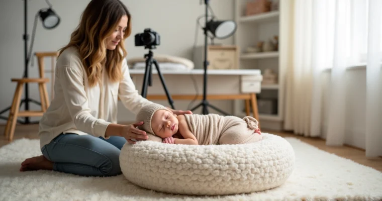 Fotógrafo ajustando com cuidado a posição de um recém-nascido em um ensaio newborn no estúdio