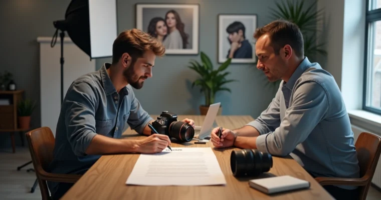 Fotógrafo e cliente revisando contrato de direitos de imagem em estúdio de fotografia