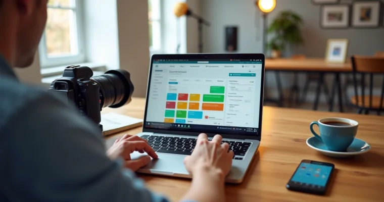 Fotógrafo profissional organizando agenda e contratos no laptop ao lado da câmera