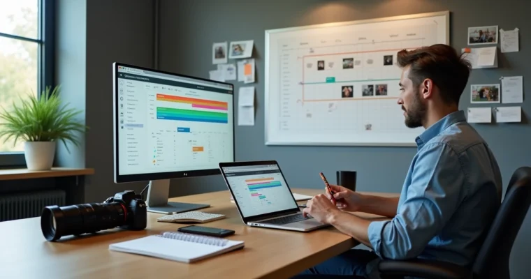 Fotógrafo organizando múltiplos shootings em painel digital com cronograma e fotos