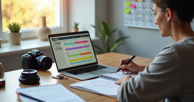 Fotógrafo organizando prazos em laptop e agenda de papel