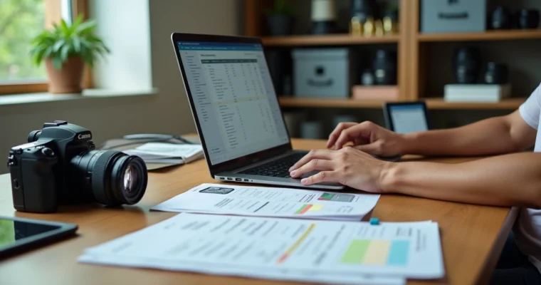 Fotógrafo organizando notas fiscais e documentos de imposto de renda no escritório