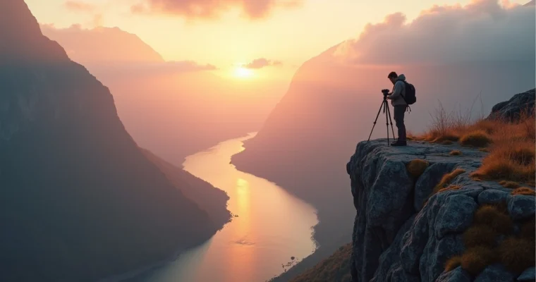 Fotógrafo sozinho com tripé em penhasco rochoso diante de paisagem remota