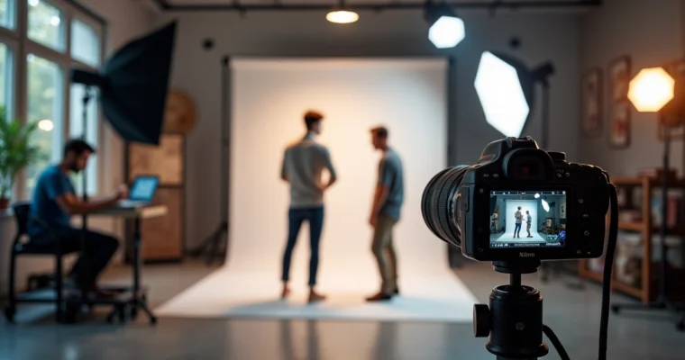 Fotógrafo registrando bastidores de um ensaio com modelo e equipe em estúdio