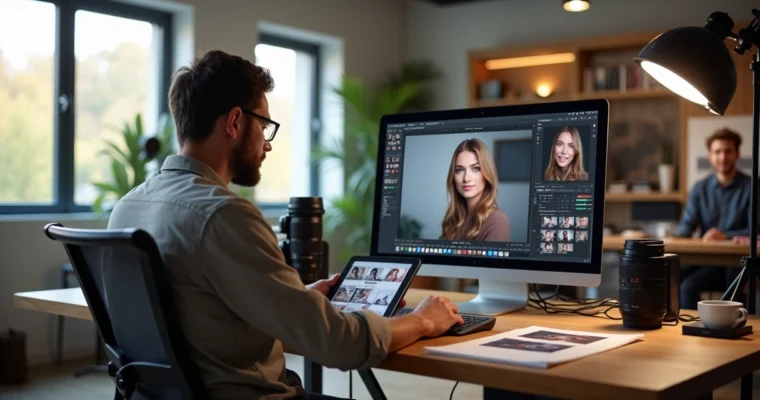 Fotógrafo em estúdio revisando fotos enquanto editor remoto trabalha no notebook