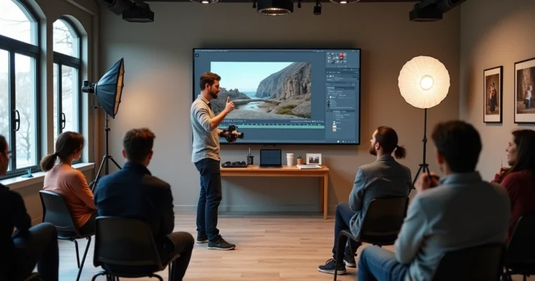 Fotógrafo apresentando workshop para pequeno grupo de participantes em estúdio moderno