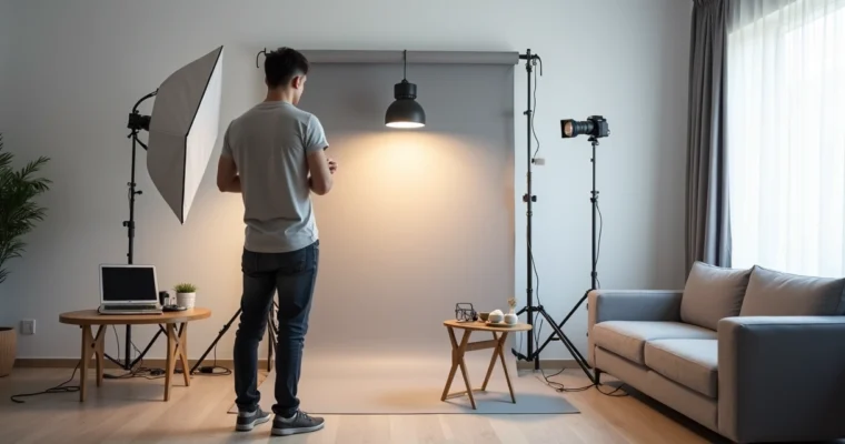 Fotógrafo ajustando miniestúdio portátil em sala pequena