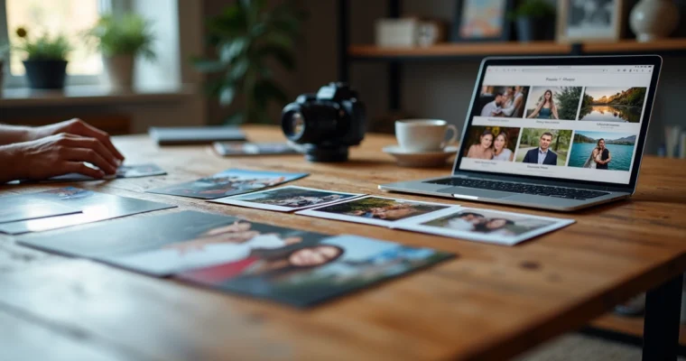 Mesa com fotógrafo organizando portfólio com fotos impressas e tablet com imagens digitais lado a lado