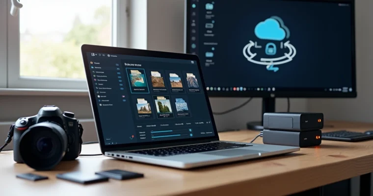Fotógrafo configurando backup automático de fotos no laptop com discos e nuvem ao fundo