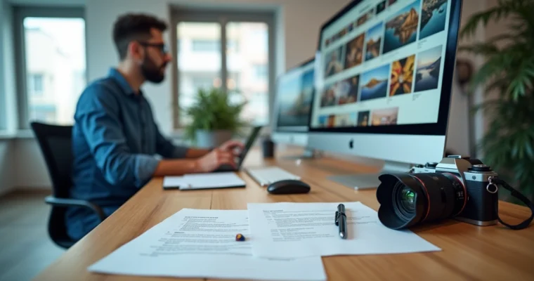 Fotógrafo analisando contrato de direitos de uso em banco de imagens na frente do computador