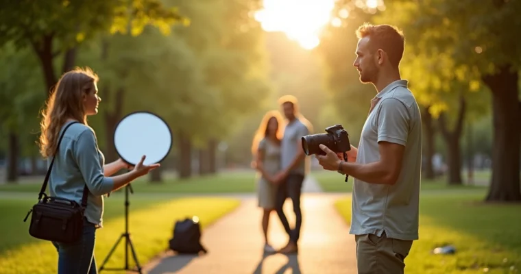 Fotógrafo orientando assistente durante ensaio ao ar livre com casal