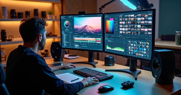 Fotógrafo ajustando color grading em monitor profissional no estúdio