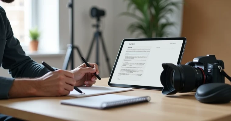 Fotógrafo revisando contrato digital em tablet com cliente no estúdio