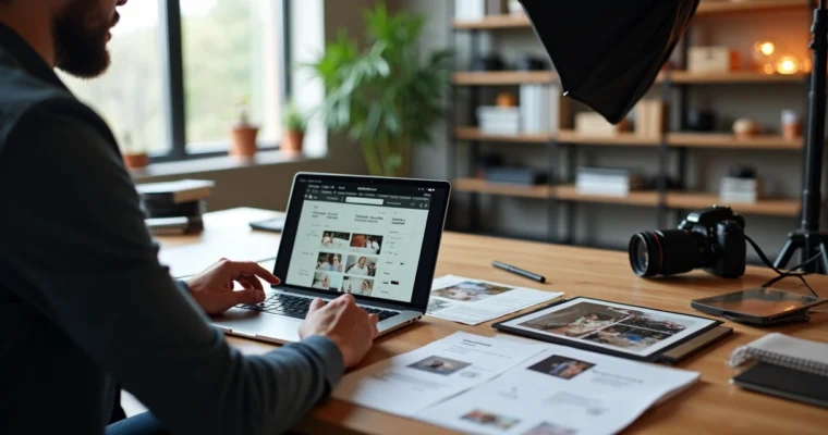 Fotógrafo em estúdio organizando pacotes de serviços no laptop com fotos impressas na mesa