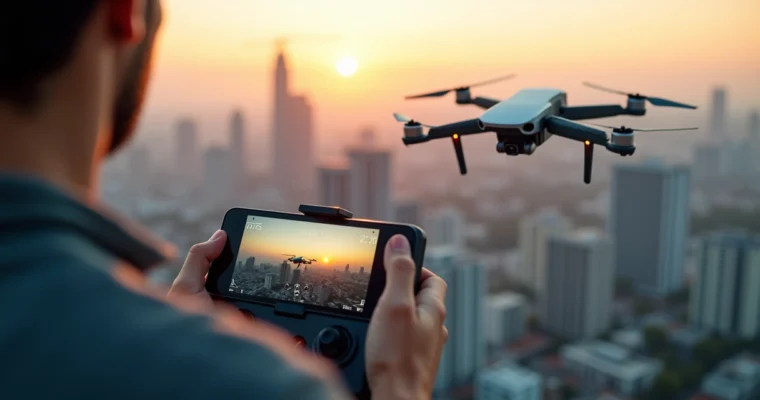Fotógrafo controlando drone profissional para fotografia aérea em área urbana