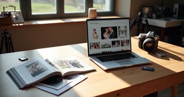 Fotógrafo organizando portfólio físico e digital na mesma mesa
