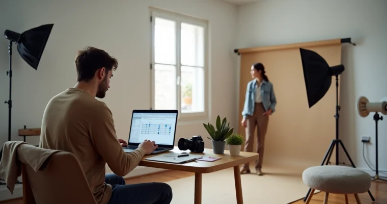 Fotógrafa organizando ensaio econômico em estúdio simples com notebook e câmera