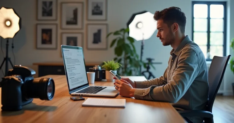 Fotógrafo usando laptop e celular para responder orçamento rapidamente