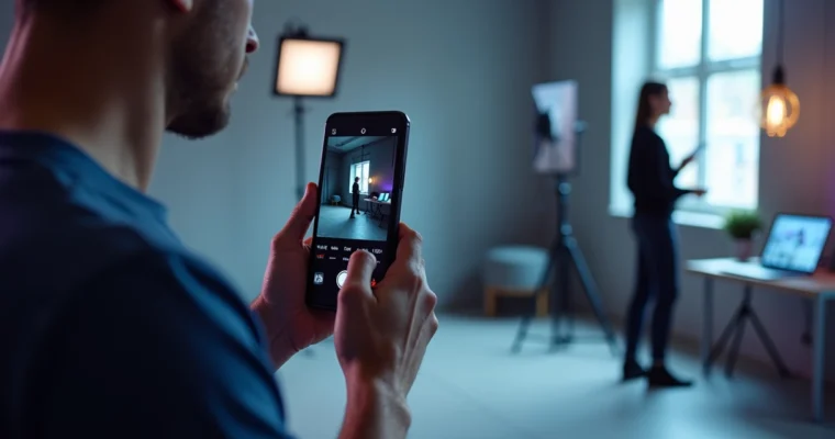 Fotógrafo profissional ajustando configurações de câmera em smartphone em estúdio moderno