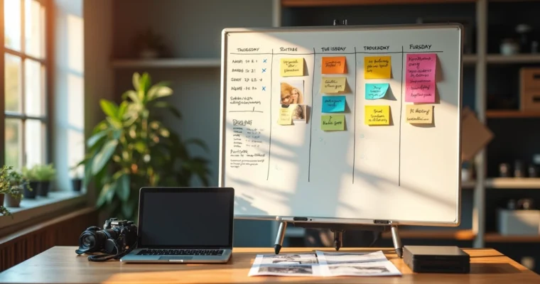 Cronograma de edição de fotos desenhado em quadro branco com cartões coloridos e fotos espalhadas