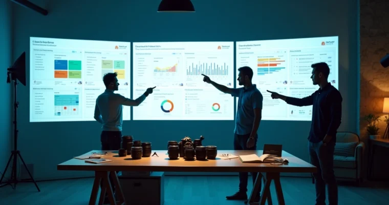 Tela de dashboard de gestão de estúdio de fotografia projetada em parede de estúdio