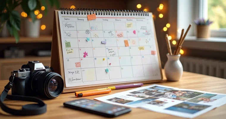 Calendário colorido com anotações marcando promoções sazonais e câmera fotográfica ao lado