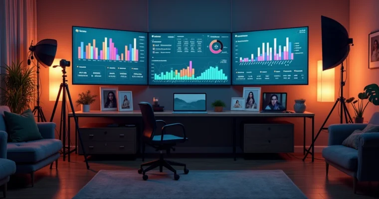 Painel com gráficos de crescimento em estúdio de fotografia moderno