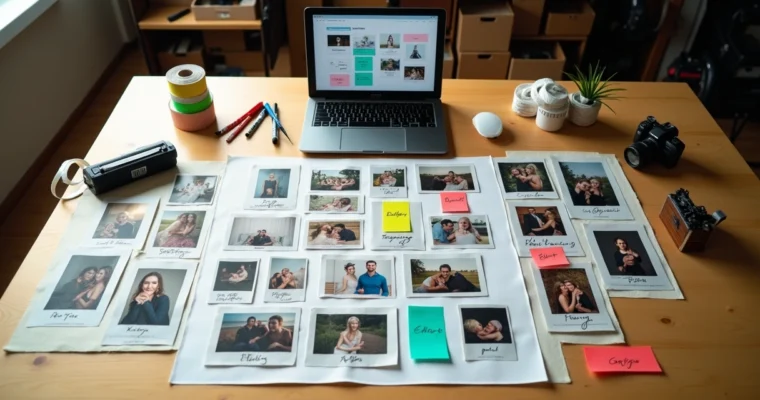 Mesa de fotógrafo vista de cima com etiquetas coloridas e fotos organizadas em grupos