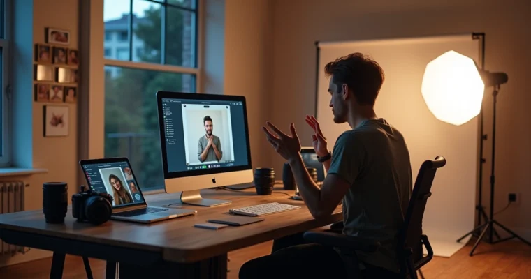 Fotógrafa em estúdio falando por videochamada com assistente remoto no notebook