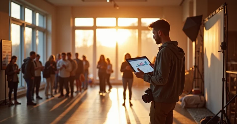 Fotógrafo calculando rentabilidade de miniensaios durante evento temático lotado
