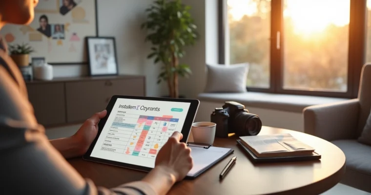 Fotógrafo analisando opções de parcelamento em tablet com cenário financeiro ao fundo