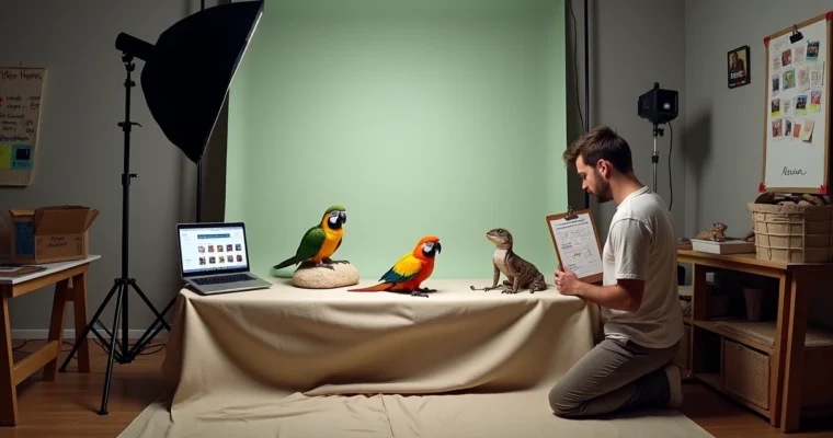 Fotógrafo organizando ensaio com pets exóticos em estúdio improvisado