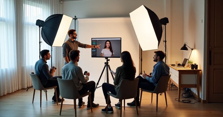Grupo de fotógrafos em sessão de mentoria dentro de estúdio profissional