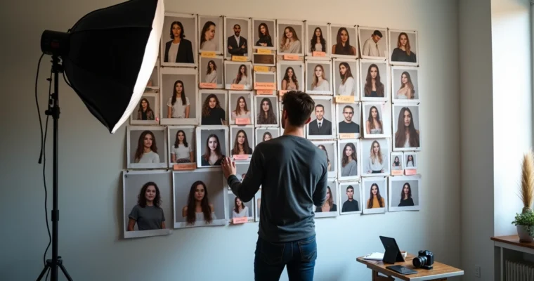 Fotógrafo selecionando modelos em mural com retratos impressos e notas coloridas