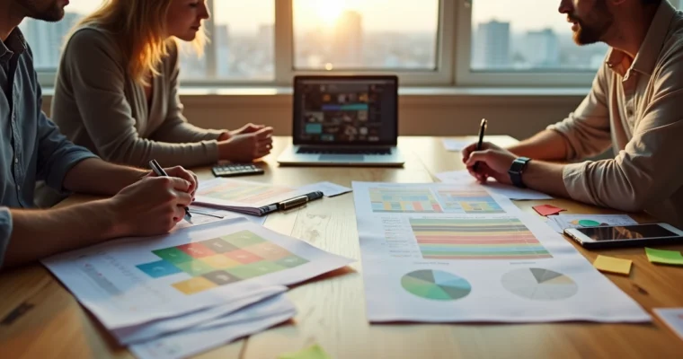 Fotógrafa organizando orçamento flexível em mesa durante planejamento de grande evento