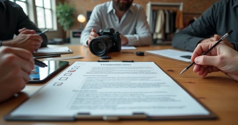 Equipe criativa de fotografia reunida em volta de contrato impresso sobre mesa de estúdio