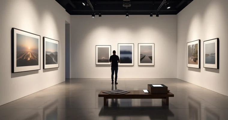 Curador analisa ampliações de fotografia fine art em galeria minimalista.