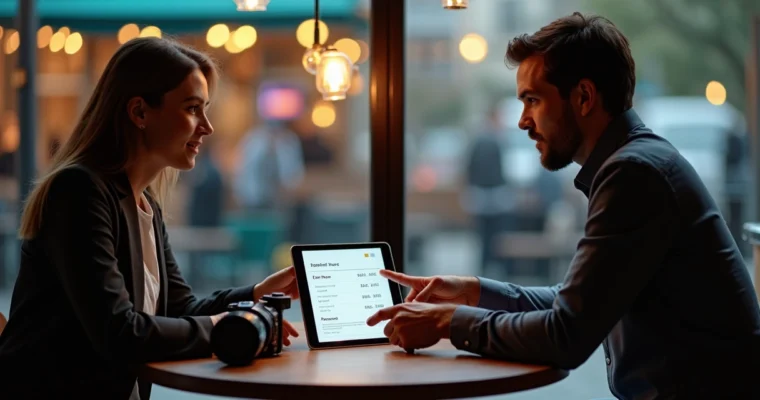 Fotógrafo mostra tablet com contrato de hora extra para cliente em café moderno